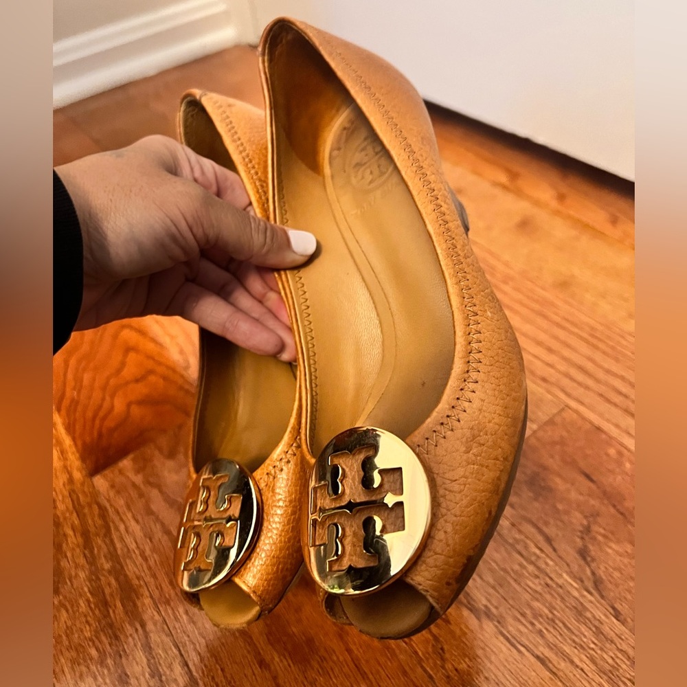 Tory Burch Beige Peep Toe Wedges